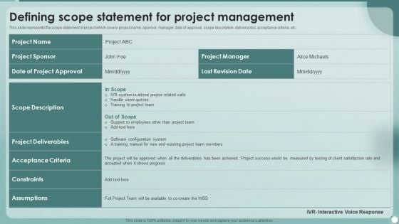 Strategies To Enhance Project Management Process Defining Scope Statement For Project Management Elements PDF