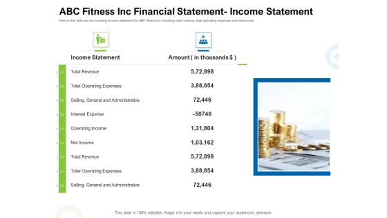 Strategies To Enter Physical Fitness Club Business ABC Fitness Inc Financial Statement Income Statement Brochure PDF