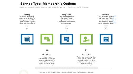 Strategies To Enter Physical Fitness Club Business Service Type Membership Options Themes PDF