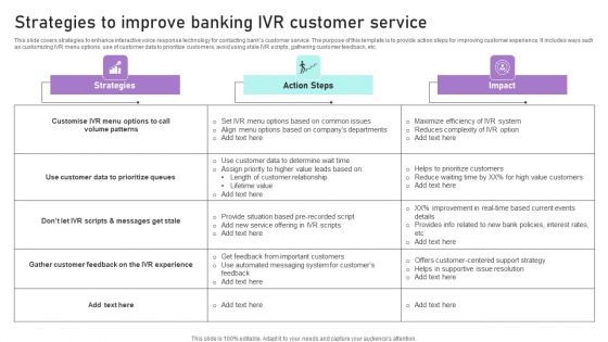 Strategies To Improve Banking IVR Customer Service Ppt Icon Information PDF