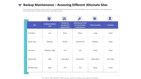 Strategies To Mitigate Cyber Security Risks Backup Maintenance Assessing Different Alternate Sites Ppt Portfolio Background PDF