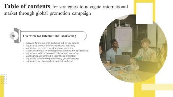 Strategies To Navigate International Market Through Global Promotion Campaign Table Of Contents Ppt Professional Templates PDF