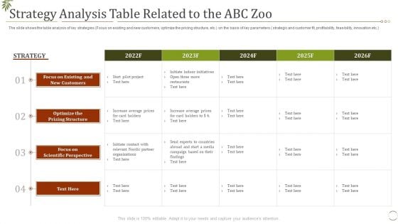 Strategy Analysis Table Related To The Abc Zoo Slide Ppt Model Ideas PDF