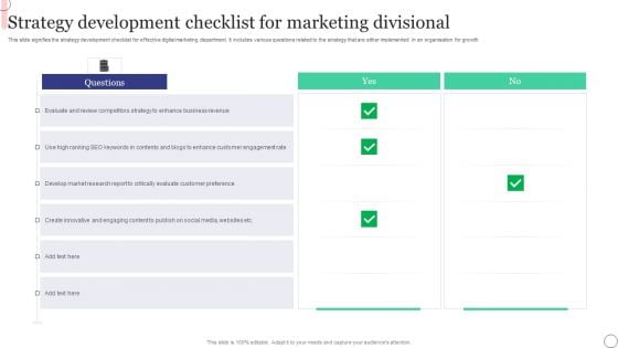 Strategy Development Checklist For Marketing Divisional Information PDF