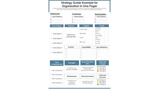 Strategy Guide Example For Organization In One Pager PDF Document PPT Template