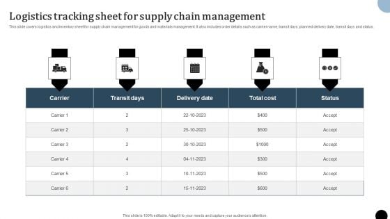 Strategy To Enhance Supply Chain Operations Logistics Tracking Sheet For Supply Chain Management Brochure PDF