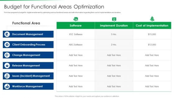 Strawman Project Action Plan Budget For Functional Areas Optimization Background PDF