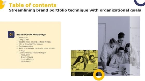 Streamlining Brand Portfolio Technique With Organizational Goals Table Of Contents Demonstration PDF