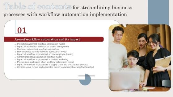 Streamlining Business Processes With Workflow Automation Implementation Table Of Contents Elements PDF