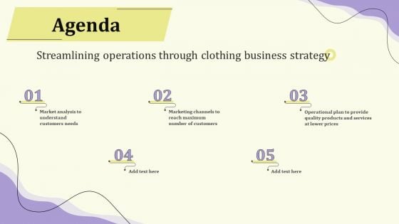 Streamlining Operations Through Clothing Business Strategy Agenda Slides PDF