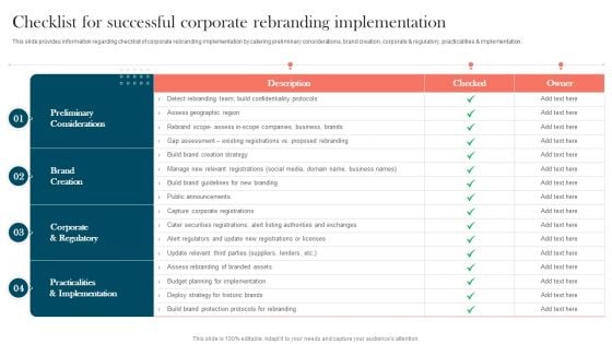 Strengthening Brand Checklist For Successful Corporate Rebranding Implementation Summary PDF