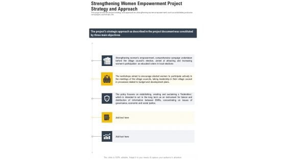 Strengthening Women Empowerment Project Strategy And Approach One Pager Documents