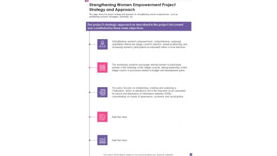 Strengthening Women Empowerment Project Strategy And Approach Template 121 One Pager Documents Strengthening Women Empowerment Project Strategy And Approach Template 121 One Pager Documents