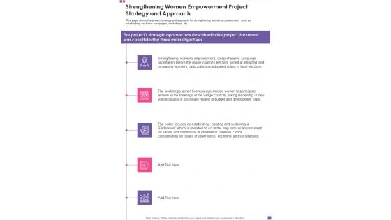 Strengthening Women Empowerment Project Strategy And Approach Template 121 One Pager Documents