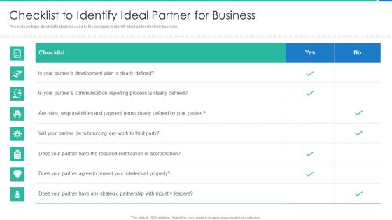 Strong Business Partnership To Ensure Company Success Checklist To Identify Ideal Partner For Business Brochure PDF