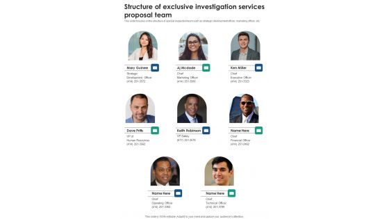 Structure Of Exclusive Investigation Services Proposal Team One Pager Sample Example Document Structure Of Exclusive Investigation Services Proposal Team One Pager Sample Example Document