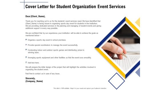 Student Club Event Planning Cover Letter For Student Organization Event Services Ppt Pictures Icon PDF