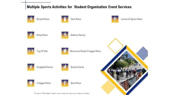 Student Club Event Planning Multiple Sports Activities For Student Organization Event Services Icons PDF