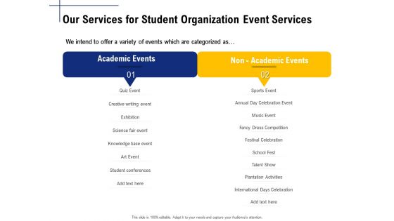 Student Club Event Planning Our Services For Student Organization Event Services Ppt File Graphics Example PDF