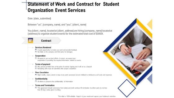 Student Club Event Planning Statement Of Work And Contract For Student Organization Event Services Slides PDF