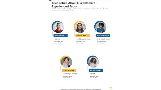 Study Scholarship Brief Details About Our Extensive Experienced Team One Pager Sample Example Document Study Scholarship Brief Details About Our Extensive Experienced Team One Pager Sample Example Document