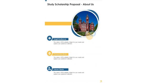 Study Scholarship Proposal About Us One Pager Sample Example Document