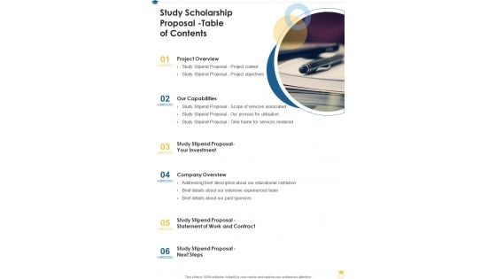 Study Scholarship Proposal Table Of Contents One Pager Sample Example Document