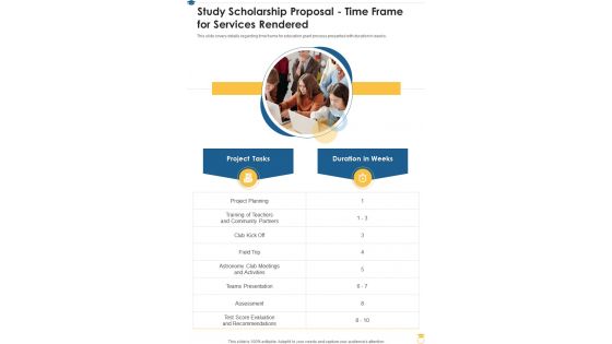 Study Scholarship Proposal Time Frame For Services Rendered One Pager Sample Example Document Study Scholarship Proposal Time Frame For Services Rendered One Pager Sample Example Document