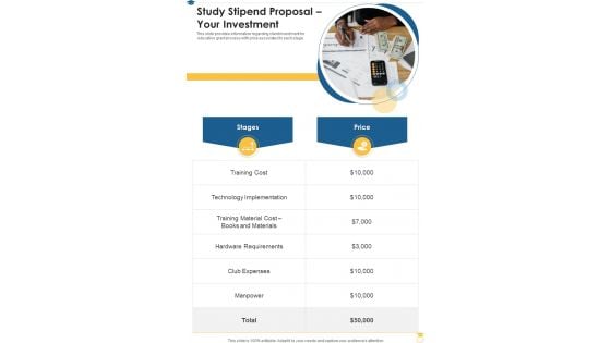 Study Stipend Proposal Your Investment One Pager Sample Example Document