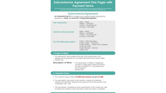 Subcontractor Agreement One Pager With Payment Terms PDF Document PPT Template