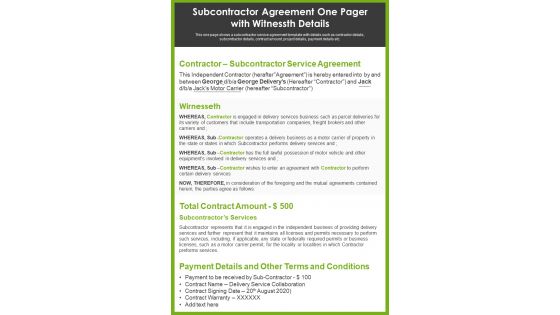 Subcontractor Agreement One Pager With Witnessth Details PDF Document PPT Template Subcontractor Agreement One Pager With Witnessth Details PDF Document PPT Template