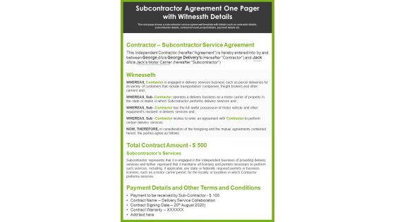 Subcontractor Agreement One Pager With Witnessth Details PDF Document PPT Template