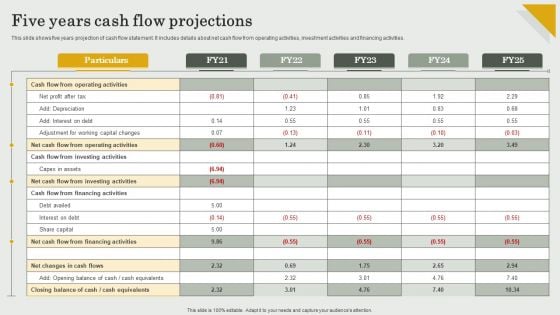 Submission Of Project Viability Report For Bank Loan Five Years Cash Flow Projections Brochure PDF