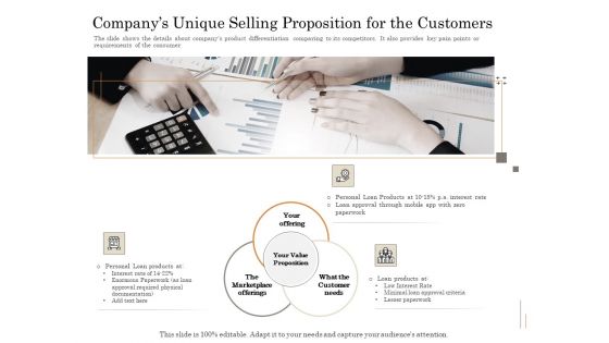 Subordinated Loan Funding Companys Unique Selling Proposition For The Customers Ppt Slides Shapes PDF
