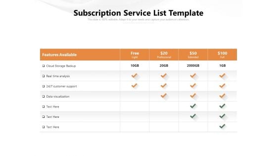 Subscription Service List Template Ppt PowerPoint Presentation Gallery Smartart PDF