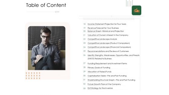 Substitute Financing Pitch Deck Table Of Content Slide Analysis Ideas PDF