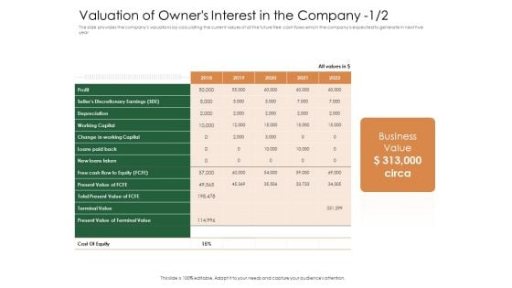 Substitute Financing Pitch Deck Valuation Of Owners Interest In The Company Capital Download PDF