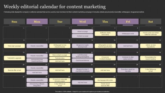 Successful Content Promotion Guide Weekly Editorial Calendar For Content Marketing Guidelines PDF