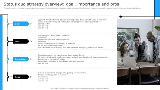 Successful Corporate Technique Enhancing Firms Performance Status Quo Strategy Overview Goal Mockup PDF