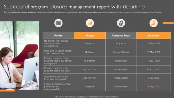 Successful Program Closure Management Report With Deadline Ppt Infographics Visual Aids PDF