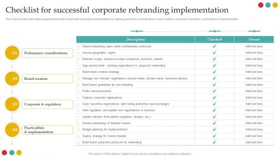 Successful Rebranding Guide Checklist For Successful Corporate Rebranding Implementation Formats PDF