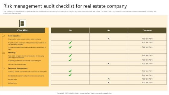 Successful Risk Administration Risk Management Audit Checklist For Real Estate Company Structure PDF