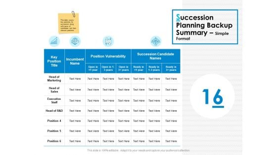 Succession Planning Backup Summary Simple Format Ppt PowerPoint Presentation Show Slides