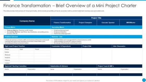 Summary Finance Transformation Brief Overview Of A Mini Project Charter Infographics PDF