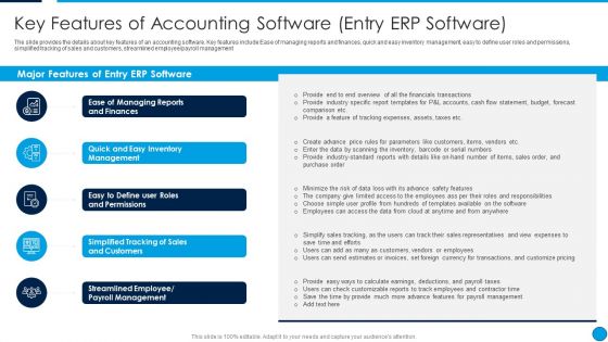 Summary Financial Key Features Of Accounting Software Entry Erp Software Icons PDF
