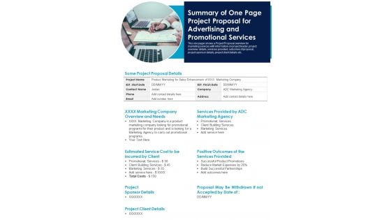 Summary Of One Page Project Proposal For Advertising And Promotional Services PDF Document PPT Template