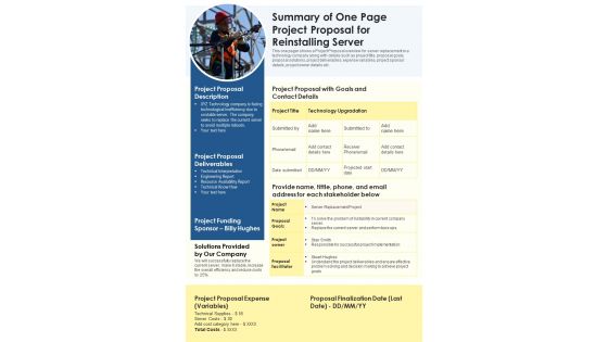 Summary Of One Page Project Proposal For Reinstalling Server PDF Document PPT Template