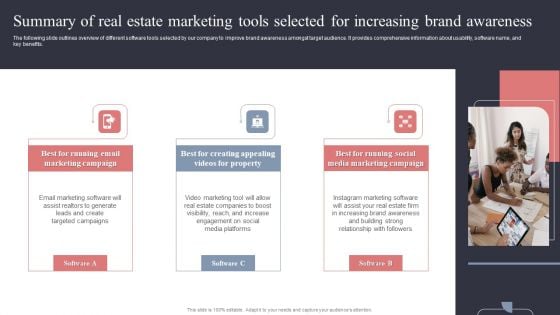 Summary Of Real Estate Marketing Tools Selected For Increasing Brand Awareness Elements PDF