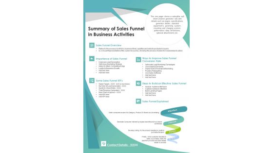 Summary Of Sales Funnel In Business Activities PDF Document PPT Template