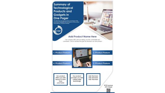 Summary Of Technological Products And Gadgets In One Pager PDF Document PPT Template